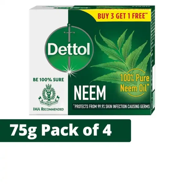 Dettol Neem Bathing Soap Bar with Pure Neem Oil | Buy 3 Get 1 Free  (4 x 75 g)